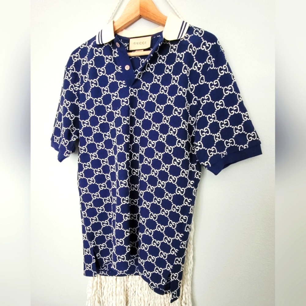 Gucci Embroidered Navy👕GG Logo Polo Shirt